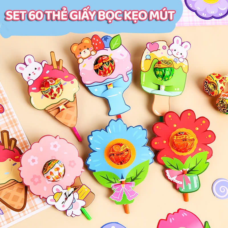 Set 60 Thẻ Giấy Cài Kẹo Mút In 2 Mặt Họa Tiết Hoạt Hình Dễ Thương, Giấy Cài Kẹo Mút Quà Tặng Cho Bé