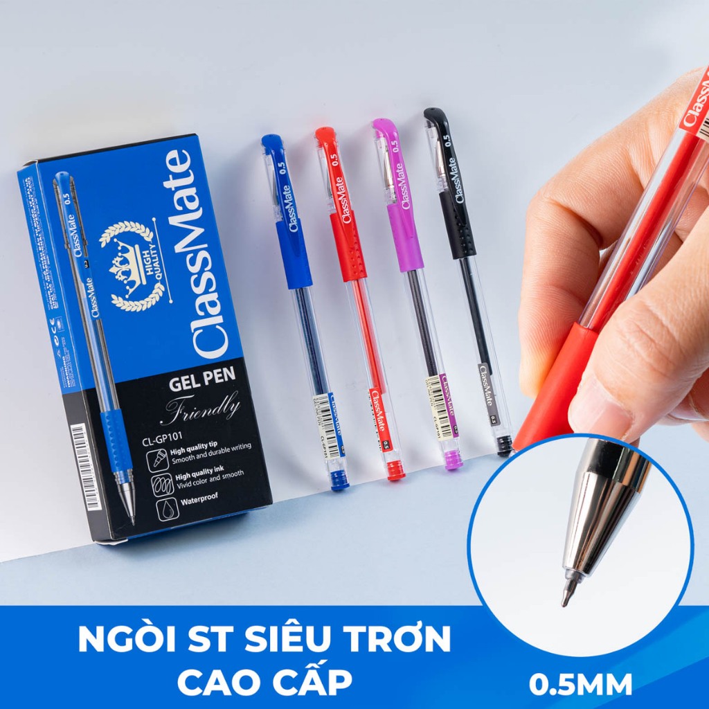 Bút Gel CLASSMATE Ngòi 0.5mm, Có 4 Màu Lựa Chọn Xanh Đen Tím Đỏ, Mực đều Nét trơn, Ngòi Kim, Dành Cho Học Sinh CL-GP101