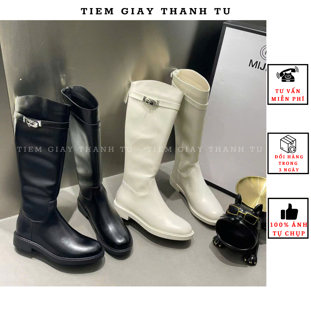 C857-12 + C857-16 Bốt đùi nữ Mijili đế bệt mũi tròn phối khuy da mềm hàng QCCC fullbox