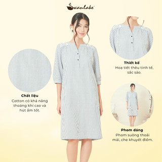 SWANLAKE | Váy Đầm Suông Tay Lỡ Cổ Trụ Cài Nút Vải Cotton Sọc Thêu Họa Tiết Vai Công Sở - D11882
