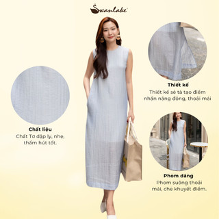 SWANLAKE | Váy Đầm Phom Suông Trơn Xẻ Tà Sát Nách Cổ Tròn Tơ Dập Ly Lót Cotton Thanh Lịch D11719
