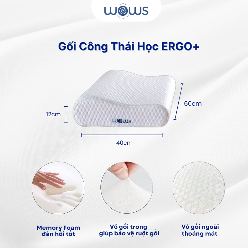 Ảnh WOWS - Gối Memory Foam Cao Cấp Ergo+ - Gối Công Thái Học Nâng Đỡ Cổ Vai Gáy - Thiết Kế Lượn Sóng 4