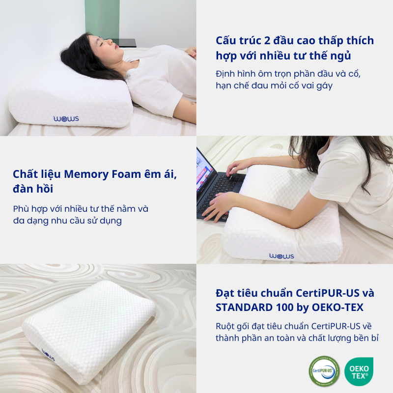 Ảnh WOWS - Gối Memory Foam Cao Cấp Ergo+ - Gối Công Thái Học Nâng Đỡ Cổ Vai Gáy - Thiết Kế Lượn Sóng 2