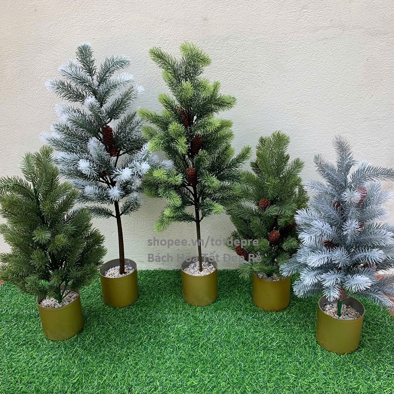 Cây thông mini để bàn lá PE  giống thật gắn nhiều chi tiết đẹp trang trí Noel Giáng Sinh