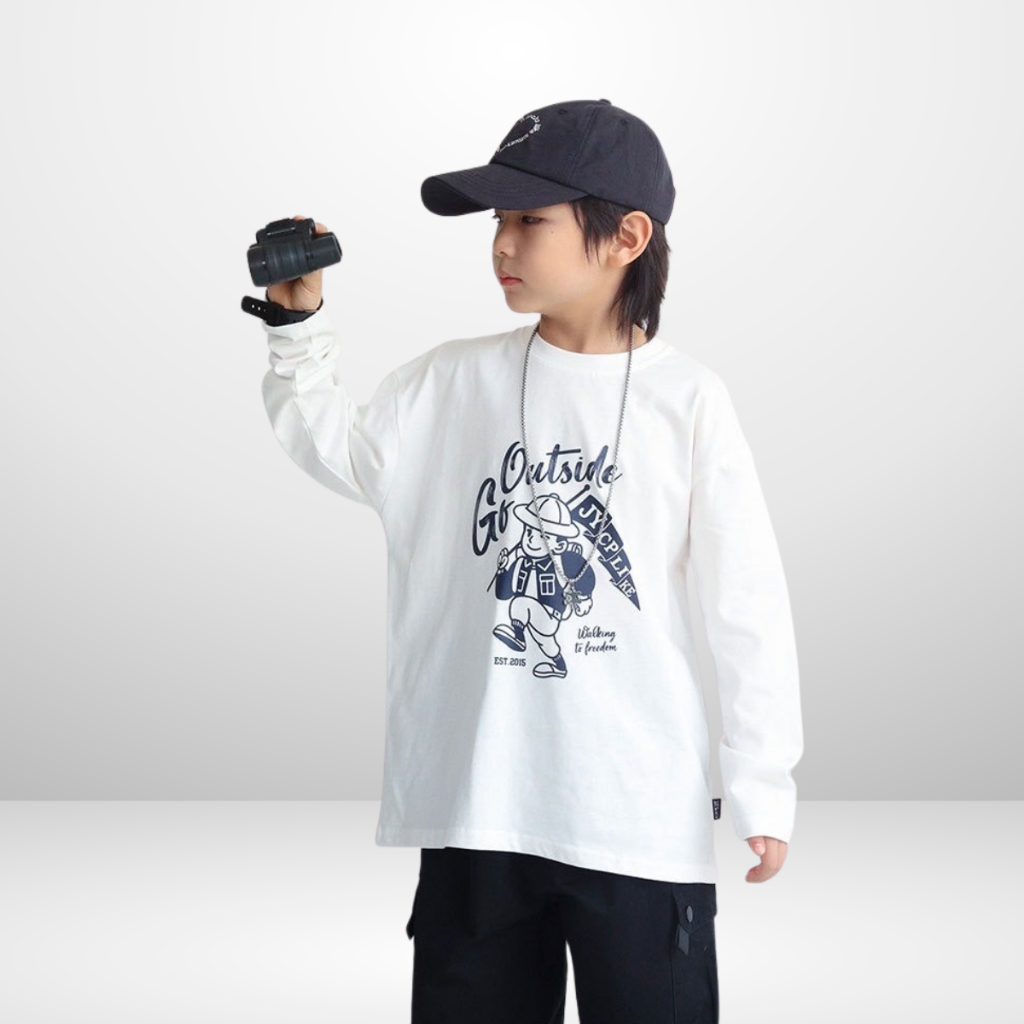 Áo Thun Dài Tay Xuân Thu Cho Bé Trai, Bé Gái In Hình Năng Động, Cổ Tròn | JJ Kids Fashion