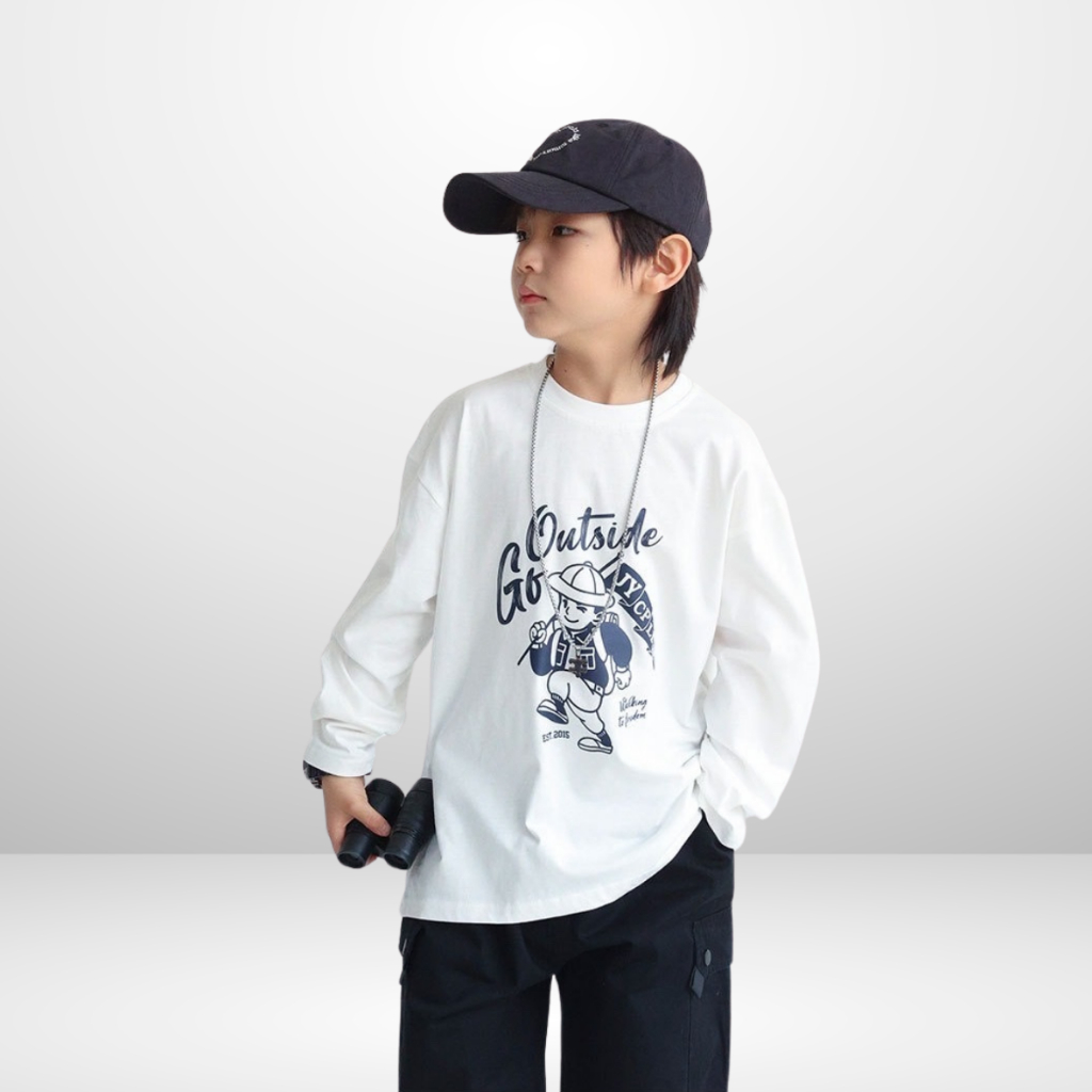 Áo Thun Dài Tay Xuân Thu Cho Bé Trai, Bé Gái In Hình Năng Động, Cổ Tròn | JJ Kids Fashion