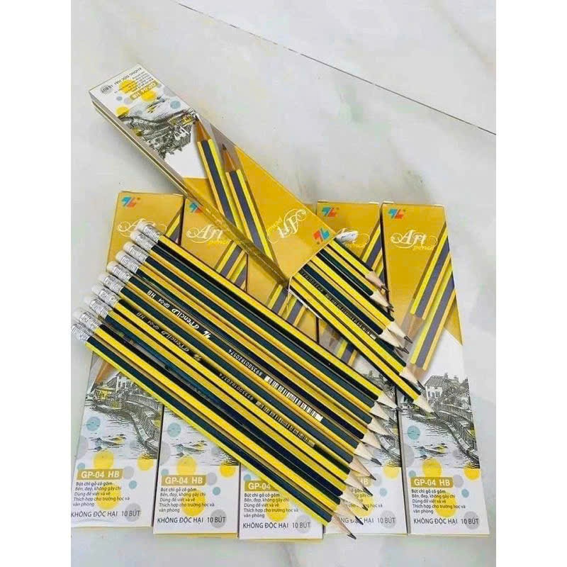 Hộp 10 cây bút chì TL GP-04/GP-01 bút chì kèm tẩy ít gãy nét đậm dùng luyện viết chữ cho học sinh, văn phòng