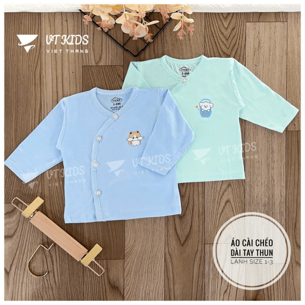 Combo 5 Áo dài tay sơ sinh màu vạt chéo thun lạnh phối màu VT in hoạ tiết cho bé 0 - 9 tháng [AL08] Đậu Đậu Store