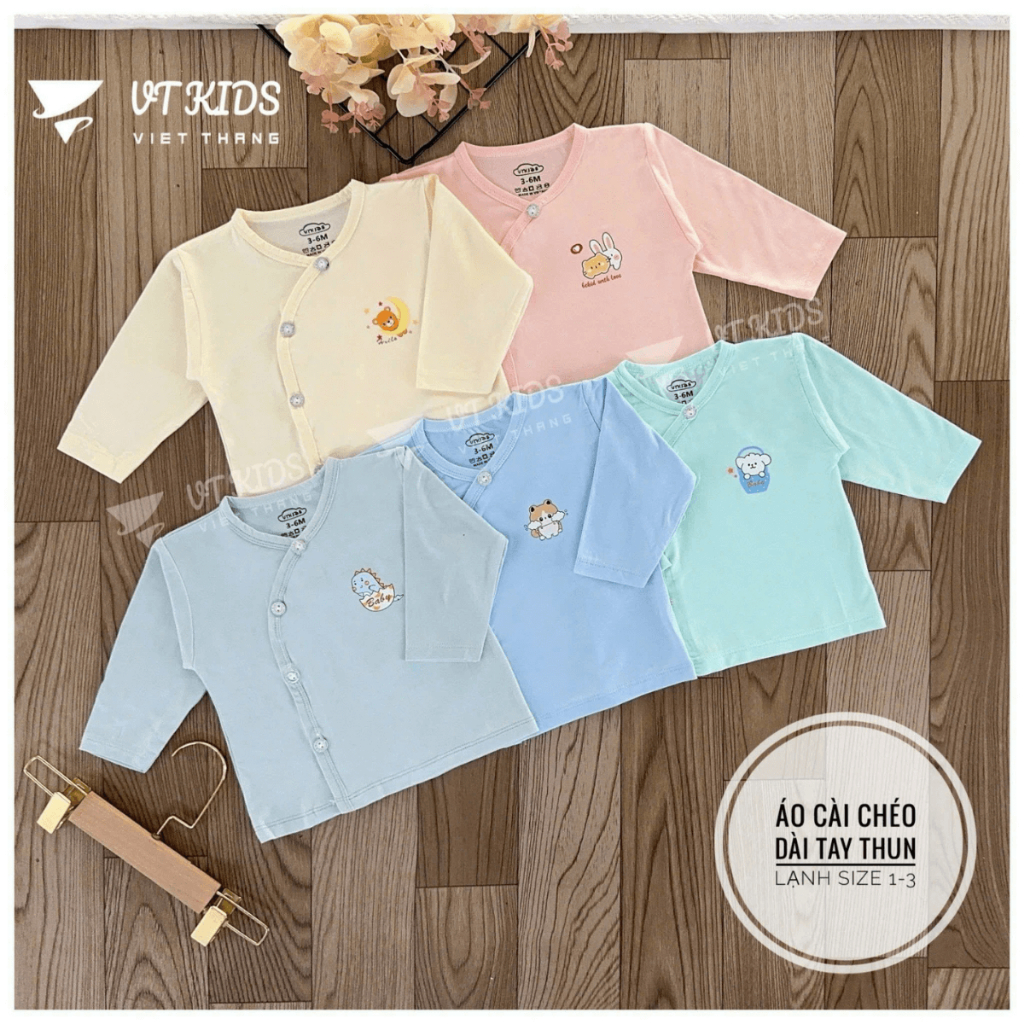 Combo 5 Áo dài tay sơ sinh màu vạt chéo thun lạnh phối màu VT in hoạ tiết cho bé 0 - 9 tháng [AL08] Đậu Đậu Store