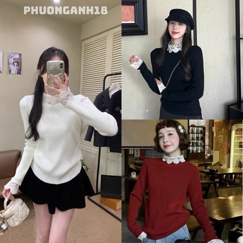 Áo len trơn mix cổ ren tiểu thư 383