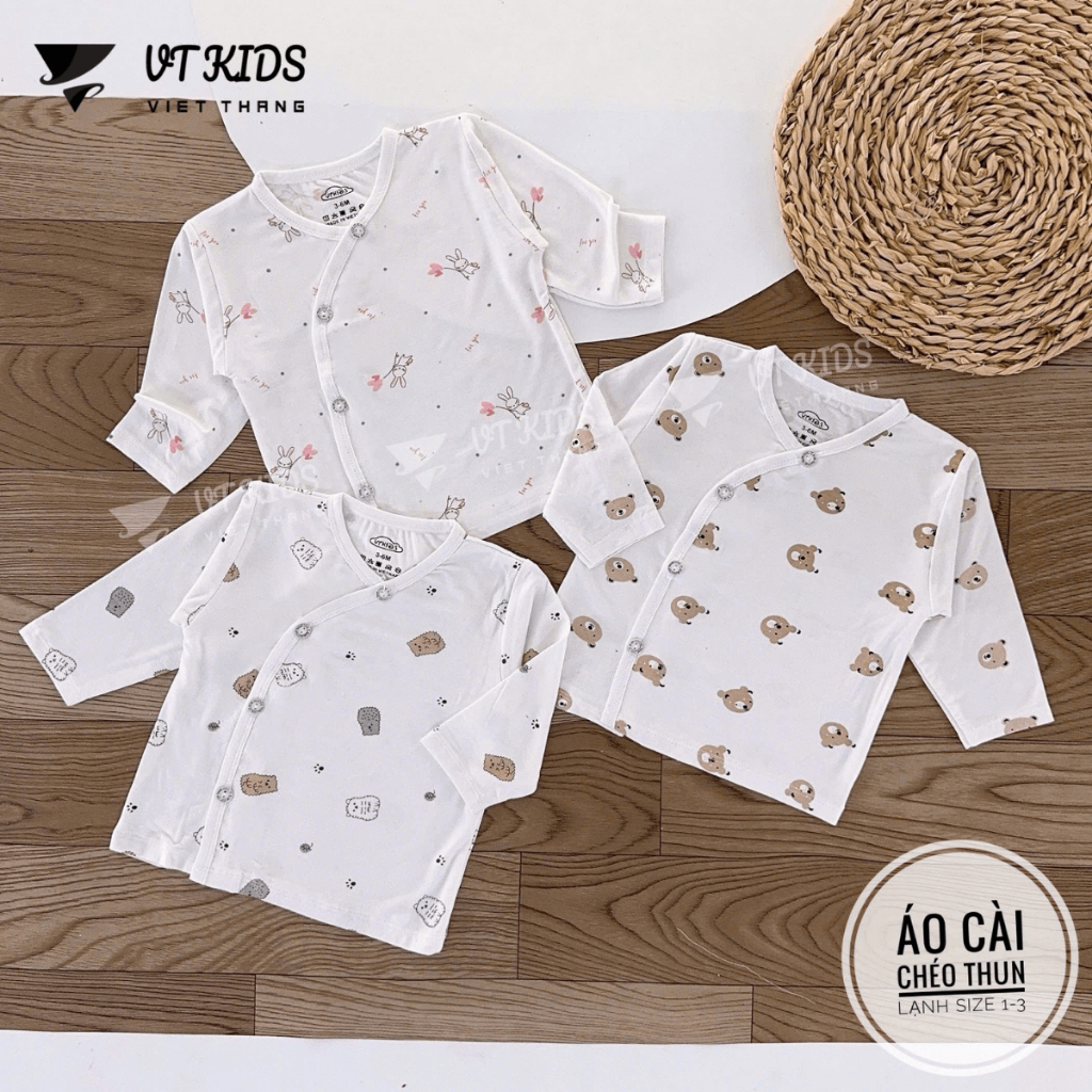 Combo 5 Áo dài tay sơ sinh vạt chéo thun lạnh phối màu VT in hoạ tiết cho bé 0 - 9 tháng [AL07] Đậu Đậu Store