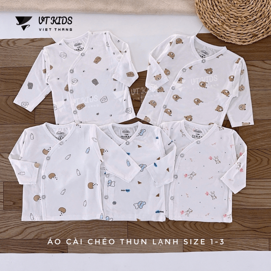 Combo 5 Áo dài tay sơ sinh vạt chéo thun lạnh phối màu VT in hoạ tiết cho bé 0 - 9 tháng [AL07] Đậu Đậu Store