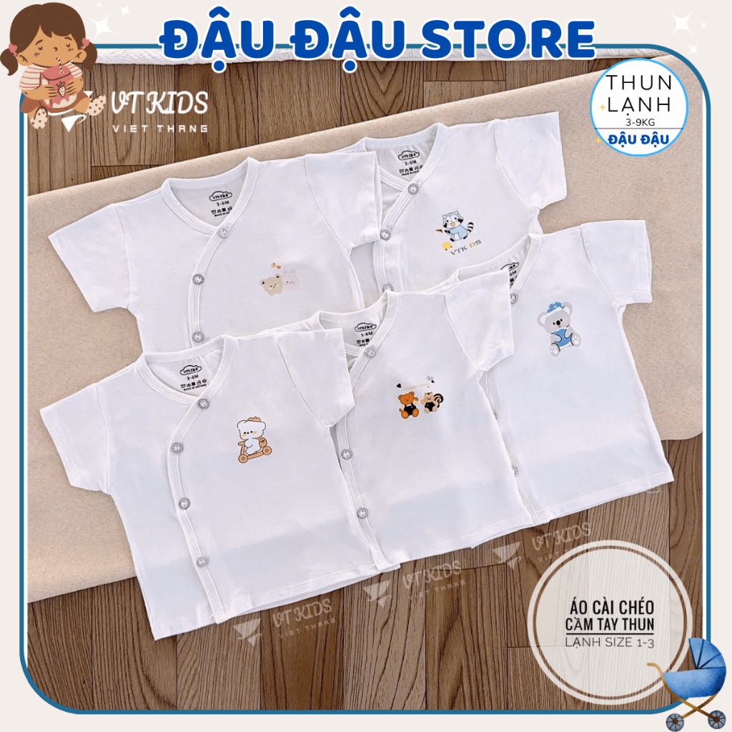 Set 5 Áo cộc áo ngắn tay sơ sinh vạt chéo thun lạnh phối hình VT in hoạ tiết cho bé 0 - 9 tháng [AL05] Đậu Đậu Store