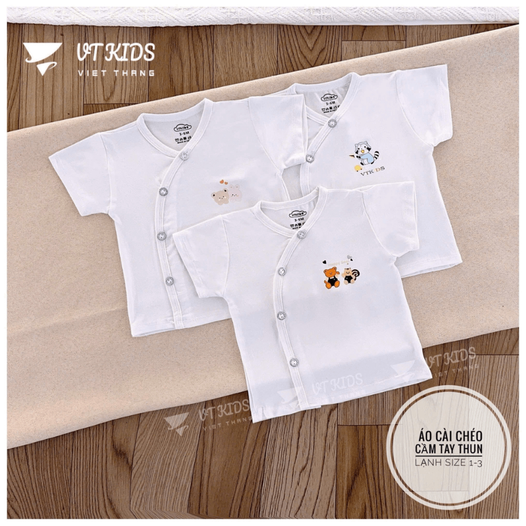 Set 5 Áo cộc áo ngắn tay sơ sinh vạt chéo thun lạnh phối hình VT in hoạ tiết cho bé 0 - 9 tháng [AL05] Đậu Đậu Store