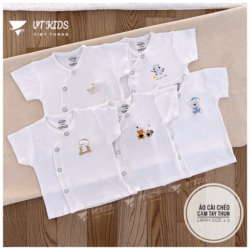 Set 5 Áo cộc áo ngắn tay sơ sinh vạt chéo thun lạnh phối hình VT in hoạ tiết cho bé 0 - 9 tháng [AL05] Đậu Đậu Store