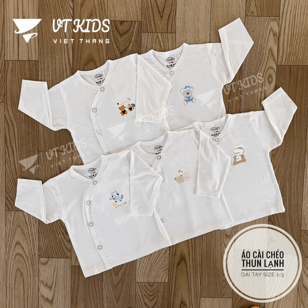 Set 5 Áo dài tay sơ sinh VT thun lạnh vạt chéo trắng mềm mịn thoáng mát cho bé sơ sinh 3-9kg [AL04] Đậu Đậu Store