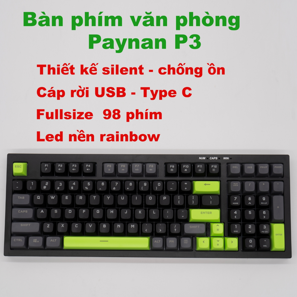 Bàn phím văn phòng Paynan P3 Poker Green chống ồn kết nối cáp 98 phím ...