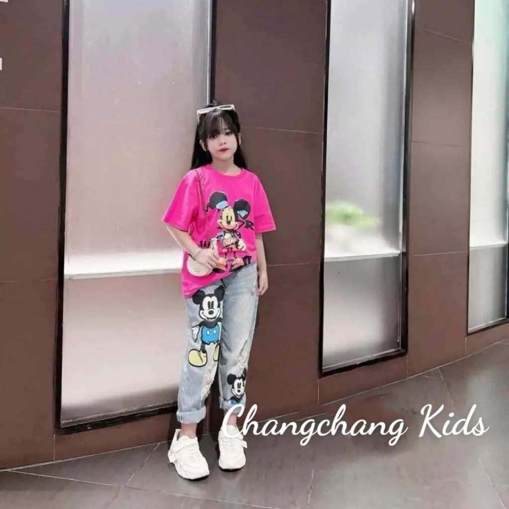 Sét quần jean dài bé gái baggy áo thun micky  cho mẹ và bé gái 16-60kg