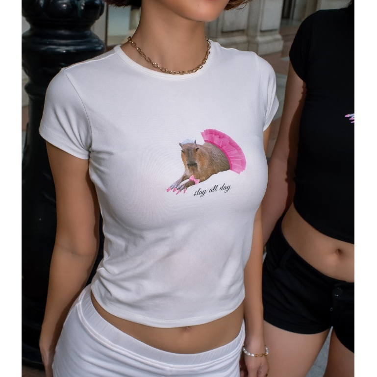 SALE 99K - Áo thun baby tee cotton forom ôm y2k in hình capybara "slay all day"& bò sữa đeo nơ | bananabu