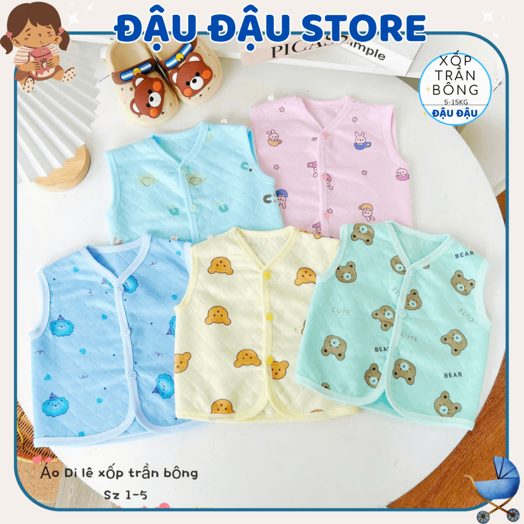 (Set 3-5) Áo Gile Xốp Trần Bông Cho Bé Sơ Sinh Mùa Đông Cúc Giữa cho bé trai gái 3-13 kg -  AXOP02 Đậu Đậu Store