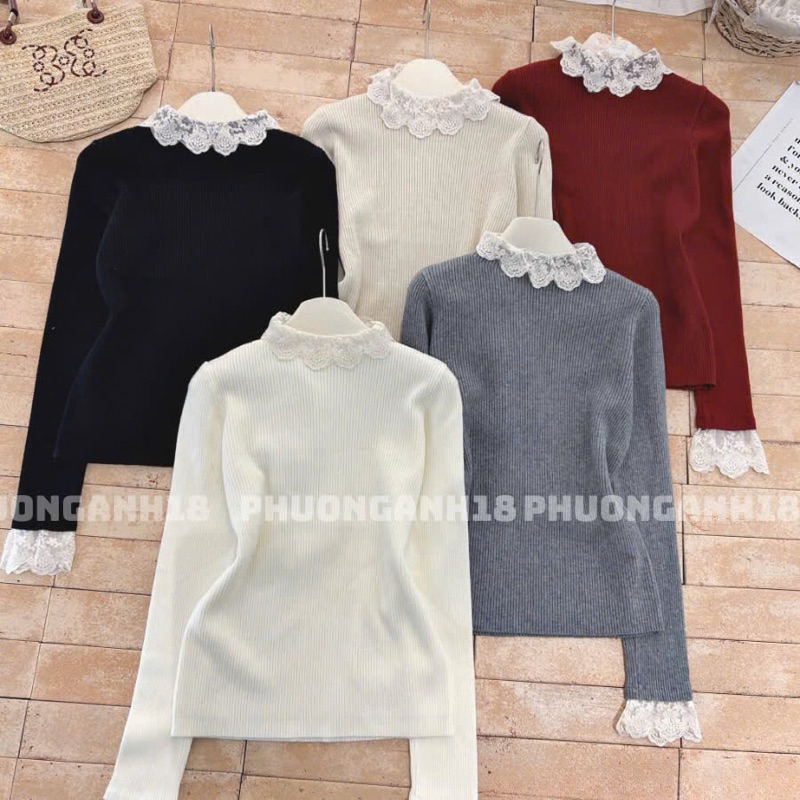Áo len trơn mix cổ ren tiểu thư 383
