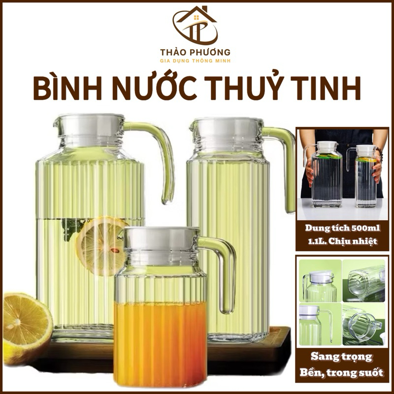 Bình Nước Thuỷ Tinh Chữ Nhật 1.1L,500ML Binh Thủy Tinh Vân Sọc 1100ml,Có Tay Cầm,Vân Nổi