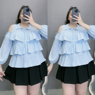 Áo Sơ Mi Bigsize Nữ Dáng Babydoll Tay Dài Trễ Vai Xếp Tầng Vải Xốp Đôi Mềm Bigsize Conho SM166
