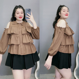 Áo Sơ Mi Bigsize Nữ Dáng Babydoll Tay Dài Trễ Vai Xếp Tầng Vải Xốp Đôi Mềm Bigsize Conho SM166