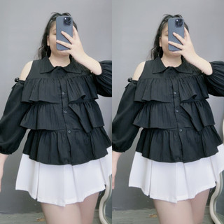 Áo Sơ Mi Bigsize Nữ Dáng Babydoll Tay Dài Trễ Vai Xếp Tầng Vải Xốp Đôi Mềm Bigsize Conho SM166