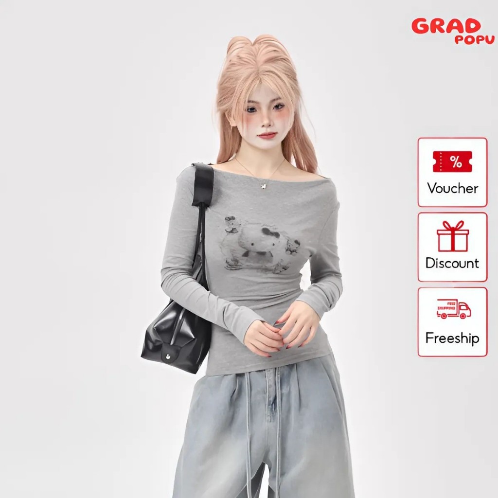 Áo thun nữ dài tay GRADPOPU PTD03 kiểu trễ vai in hoạ tiết basic và đa năng chất thun mềm mịn thoáng mát