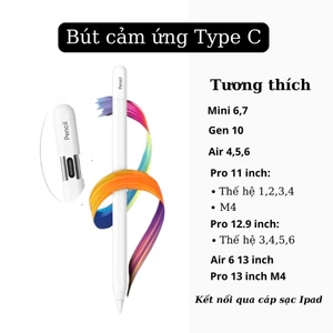 PEN03 - Bút cảm ứng type C dành cho ipad, chống tì tay tương thích ipad gen 10/11 A16, Air M2 M3 Pro M4 M5