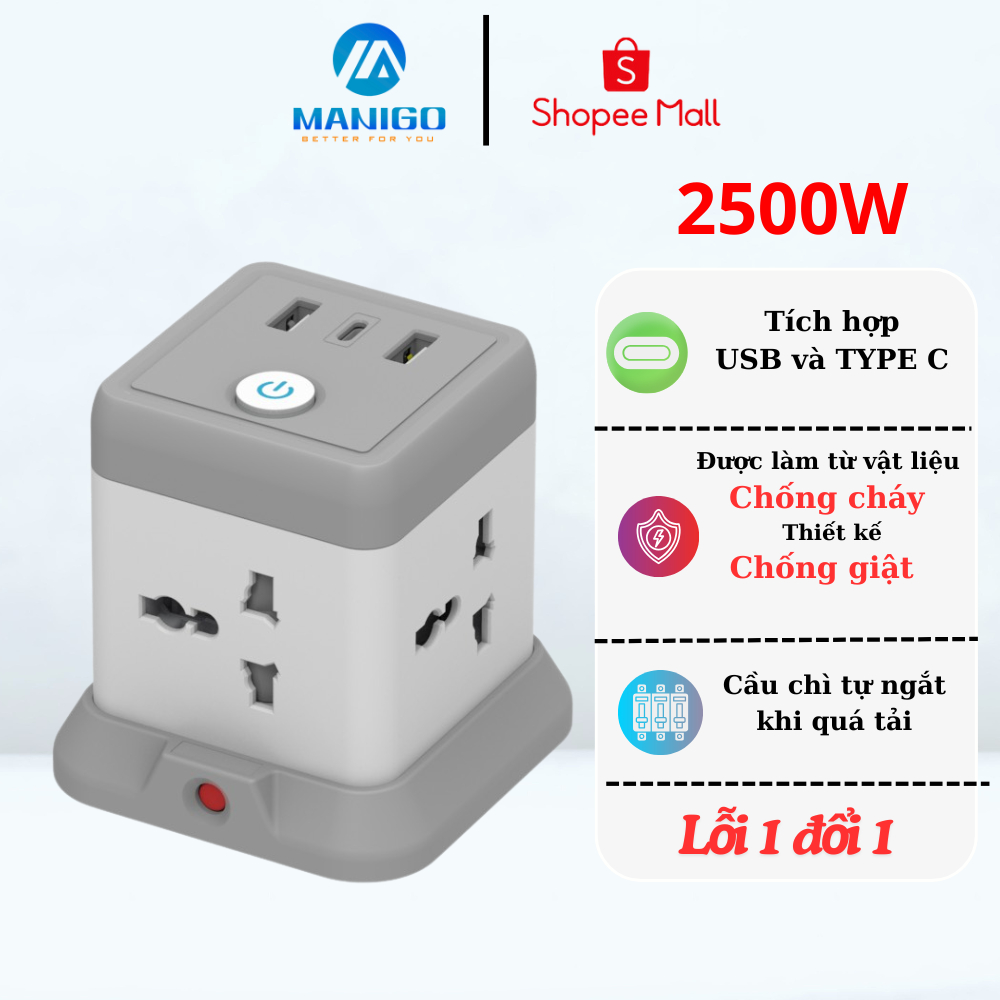 Ảnh Ổ Cắm Điện Đa Năng Tích Hợp Cổng USB Manigo 4 Lỗ Cắm Đầu 3 Công Suất 2500W BH 18 Tháng 1