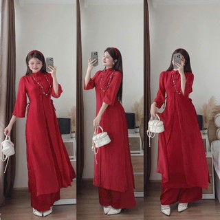 Set áo dài tết kiểu trung hoa áo ngoài chất voan tơ cổ trụ kết nút lót lụa mix quần suông lụa sang chảnh