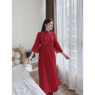 Set áo dài tết kiểu trung hoa áo ngoài chất voan tơ cổ trụ kết nút lót lụa mix quần suông lụa sang chảnh