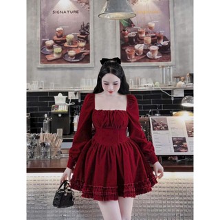 Đầm nữ mặc đi chơi lễ NOEL vải NHUNG cứng xịn cổ vuông tay dài bồng dáng xếp ly xòe phong cách hàn quốc sang xịn