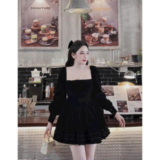 Đầm nữ mặc đi chơi lễ NOEL vải NHUNG cứng xịn cổ vuông tay dài bồng dáng xếp ly xòe phong cách hàn quốc sang xịn