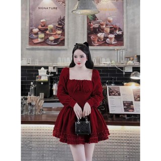 Đầm nữ mặc đi chơi lễ NOEL vải NHUNG cứng xịn cổ vuông tay dài bồng dáng xếp ly xòe phong cách hàn quốc sang xịn
