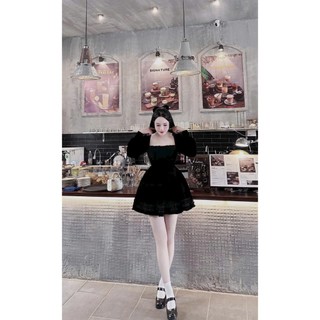 Đầm nữ mặc đi chơi lễ NOEL vải NHUNG cứng xịn cổ vuông tay dài bồng dáng xếp ly xòe phong cách hàn quốc sang xịn