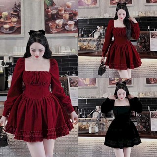 Đầm nữ mặc đi chơi lễ NOEL vải NHUNG cứng xịn cổ vuông tay dài bồng dáng xếp ly xòe phong cách hàn quốc sang xịn