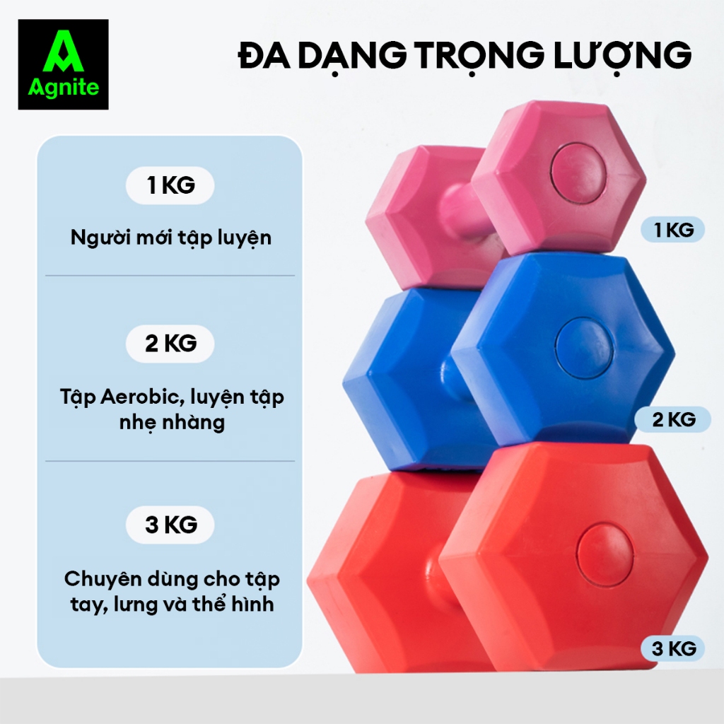 Tạ tay AGNITE 1KG 2KG 3KG Nam Nữ Chuyên Thể Dục Bọc Nhựa Cao Cấp Chống Xước Chống Vỡ Sàn Nhà