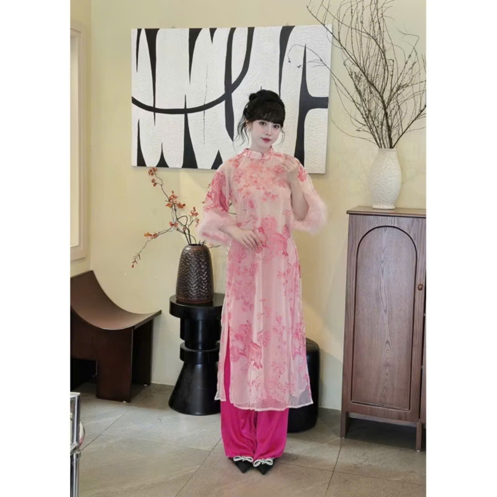 Áo dài nữ 4 tà GIAI THỤY Tamdesigner tay đính lông vũ trắng,Áo dài hiện đại sang chảnh cách tân kèm quần theo bộ cao cấp