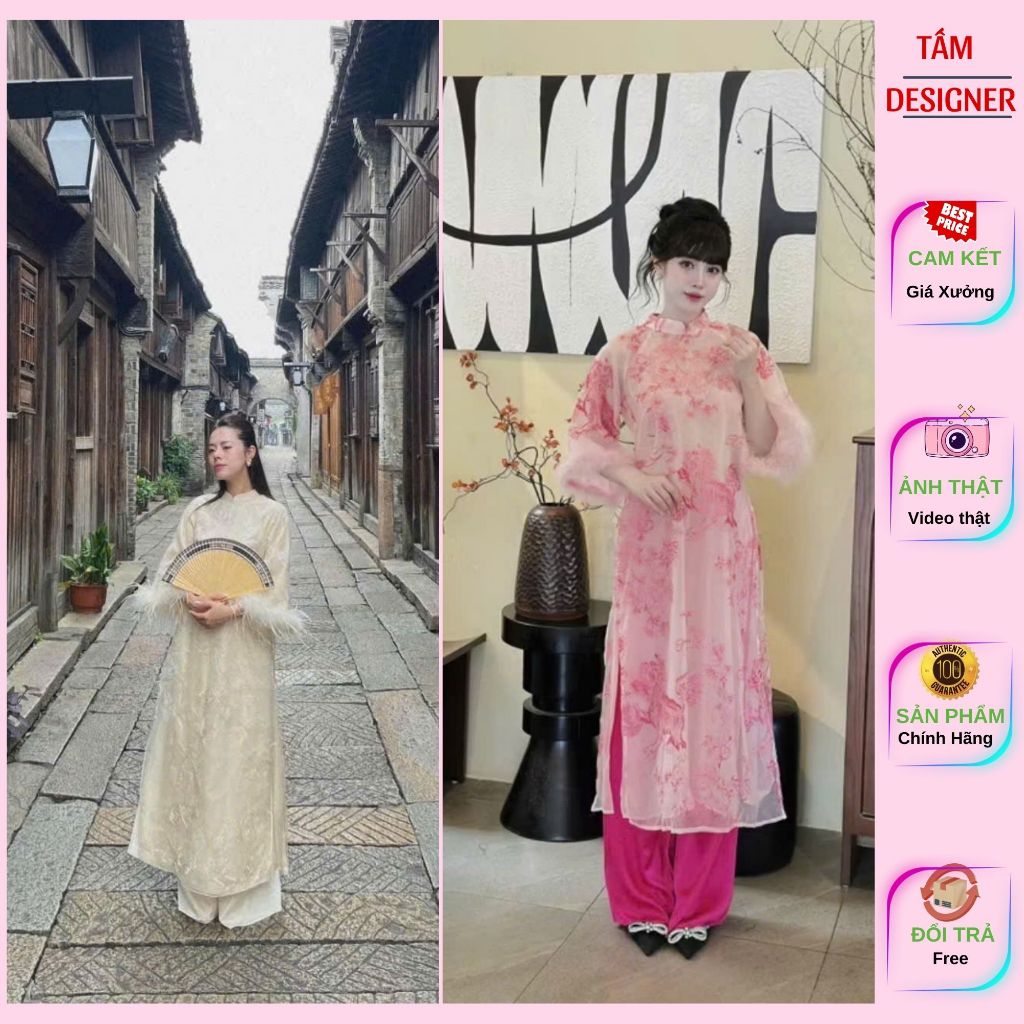 Áo dài nữ 4 tà GIAI THỤY Tamdesigner tay đính lông vũ trắng,Áo dài hiện đại sang chảnh cách tân kèm quần theo bộ cao cấp