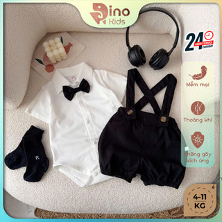 Set body yếm 2 chi tiết bé trai 4-11kg. Bộ body đính nơ kèm yếm kaki 2 da cho bé. Dino Kids