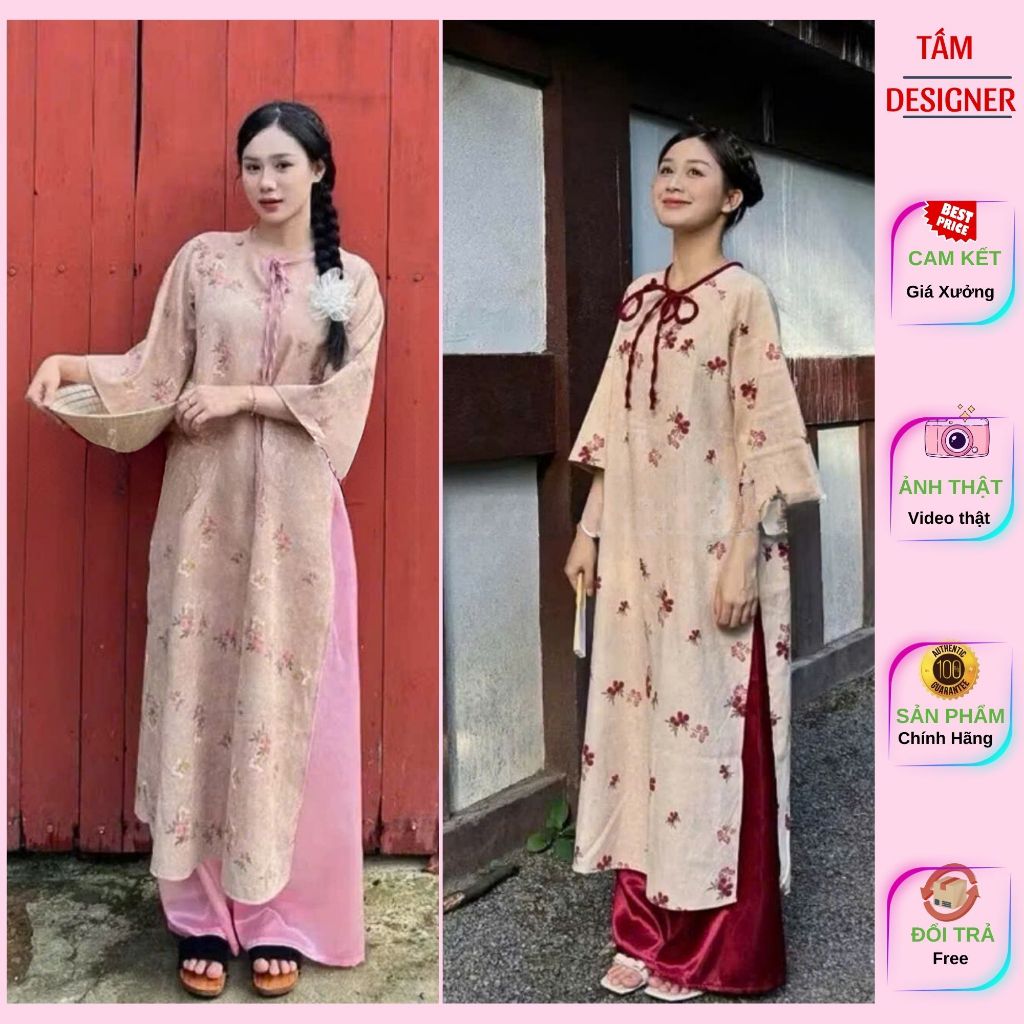 Áo dài Tử Kỳ nhung chéo Tamdesigner hoa nhí ba màu,Áo dài cách tân cổ nơ hoa nhí hót 2025,Áo dài truyền thống cách tân