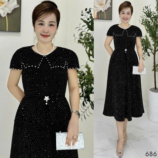 Đầm midi trung niên  dự tiệc - công sở, vải thun nhũ cao cấp đính đá, tặng mẹ co giãn tốt bigsize M686