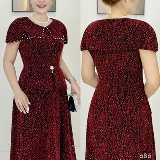 Đầm midi trung niên  dự tiệc - công sở, vải thun nhũ cao cấp đính đá, tặng mẹ co giãn tốt bigsize M686