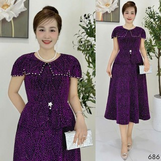 Đầm midi trung niên  dự tiệc - công sở, vải thun nhũ cao cấp đính đá, tặng mẹ co giãn tốt bigsize M686