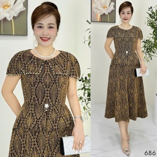 Đầm midi trung niên  dự tiệc - công sở, vải thun nhũ cao cấp đính đá, tặng mẹ co giãn tốt bigsize M686