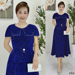 Đầm midi trung niên  dự tiệc - công sở, vải thun nhũ cao cấp đính đá, tặng mẹ co giãn tốt bigsize M686