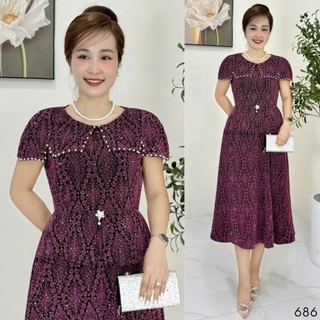 Đầm midi trung niên  dự tiệc - công sở, vải thun nhũ cao cấp đính đá, tặng mẹ co giãn tốt bigsize M686